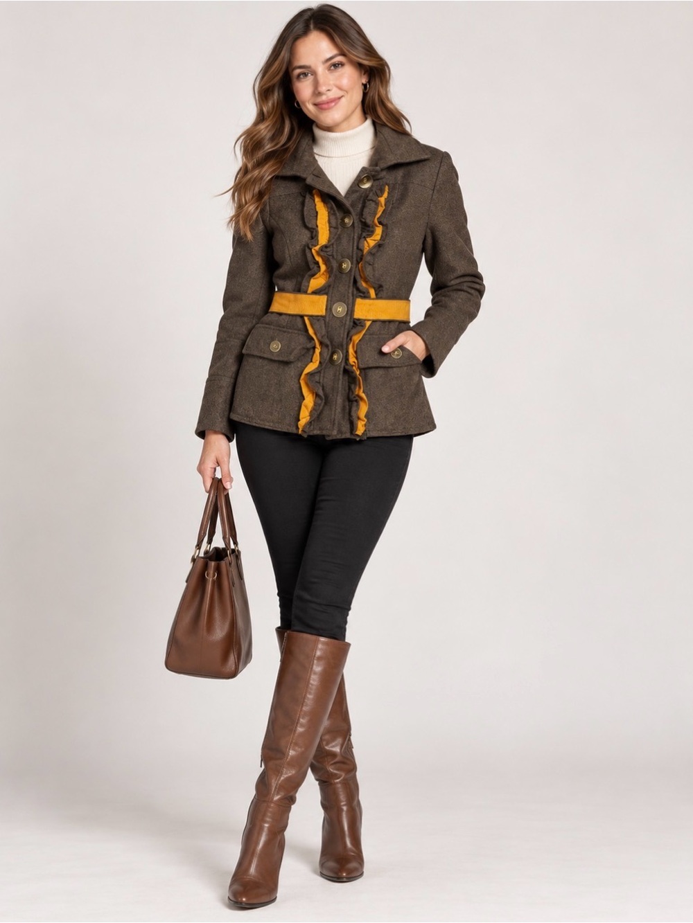 Tabitha Brown Tweed Blazer with Mustard Ruffle and Belt